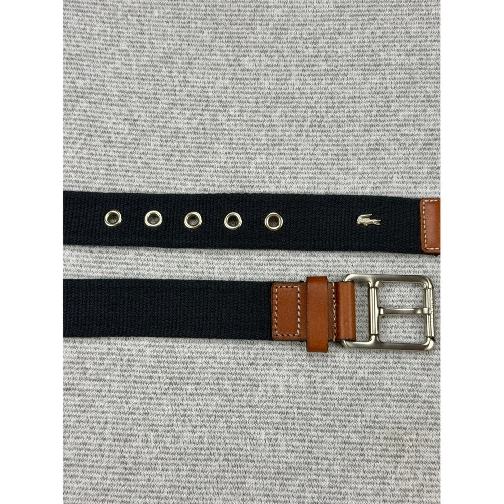 Lacoste Mens Navy Blue Webbed Belt Brown Leather Trim Logo Size 36